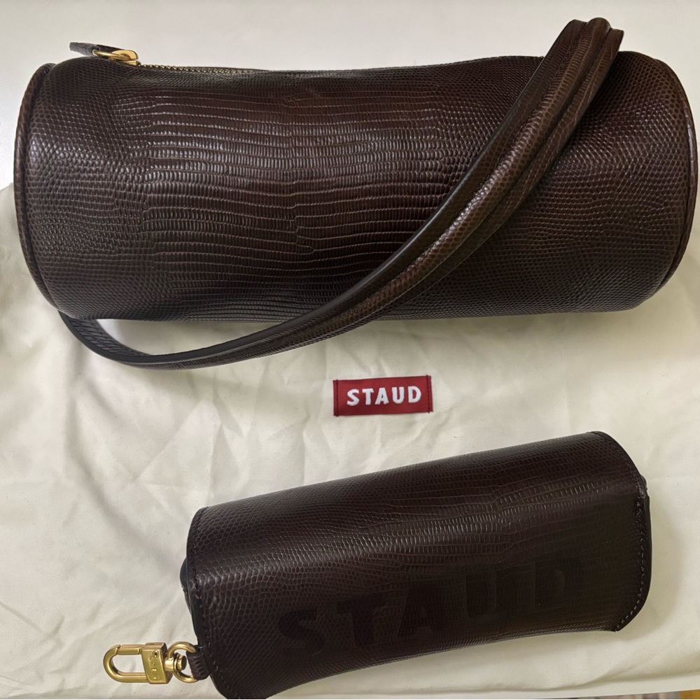 STAUD Chocolate Brown Shoulder Bag with Gold Details